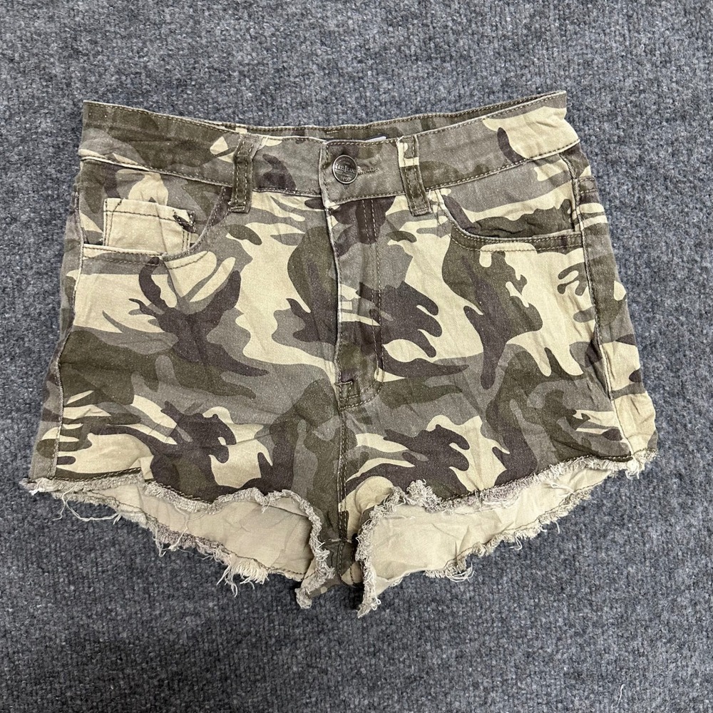 Iris Jeans Camo Denim Shorts Womens Size S Green Camouflage Raw Hem Casual Slim